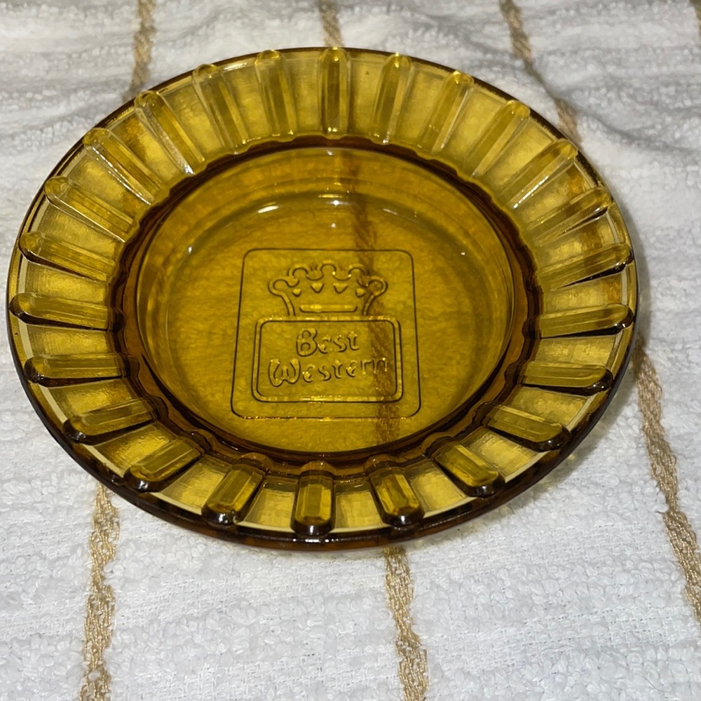Vintage Amber Glass Best Western Ashtray with Flanged Pie Crust Rim -collectible